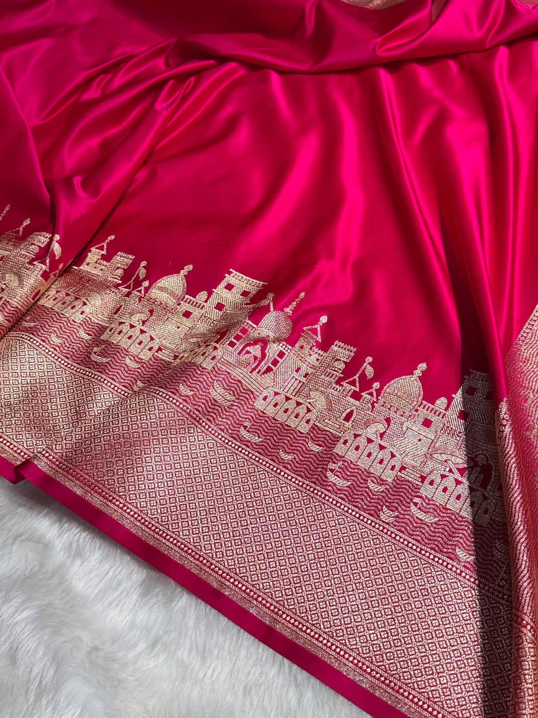 Rani Pink Banarasi Satin Katan Silk Saree with Traditional Ghat Zari Border