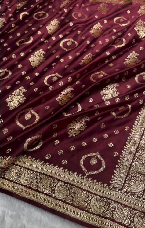 Wine Maroon Banarasi Silk Saree with Gold Zari Butti & Rich Designer Border | Royal Wedding Wear