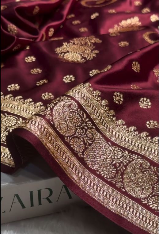 Wine Maroon Banarasi Silk Saree with Gold Zari Butti & Rich Designer Border | Royal Wedding Wear