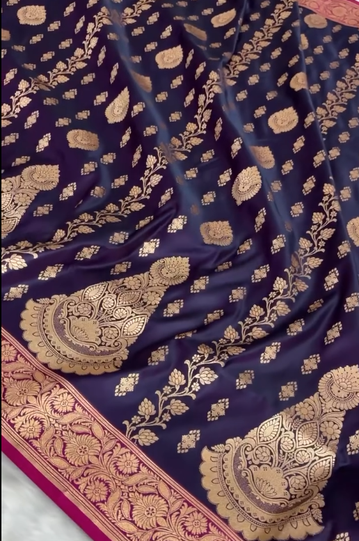 Royal Purple Banarasi Silk Saree with Antique Gold Zari Motifs