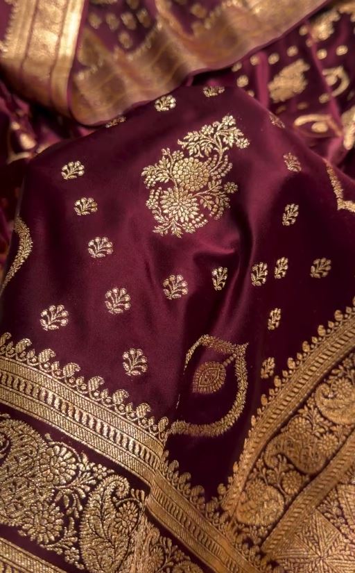 Wine Maroon Banarasi Silk Saree with Gold Zari Butti & Rich Designer Border | Royal Wedding Wear