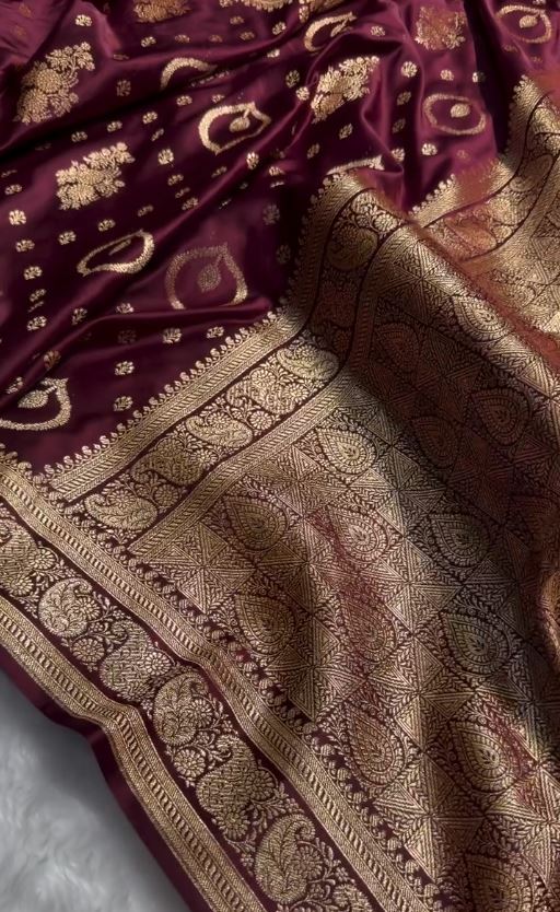 Wine Maroon Banarasi Silk Saree with Gold Zari Butti & Rich Designer Border | Royal Wedding Wear