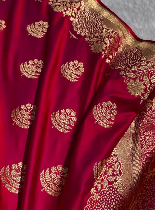 Rani Wine Banarasi Silk Saree with Heavy Floral Paisley Gold Zari Work