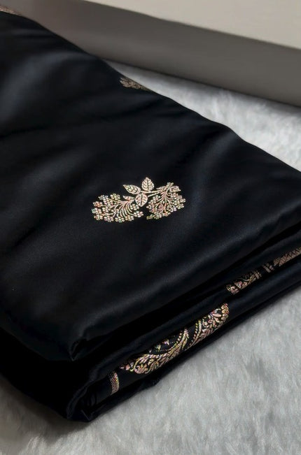 Midnight Black Banarasi Silk Saree with Silver Zari Butta & Ornate Woven Border