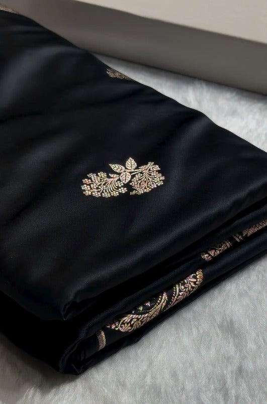 Midnight Black Banarasi Silk Saree with Silver Zari Butta & Ornate Woven Border