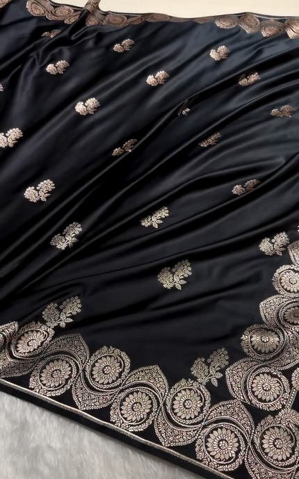 Midnight Black Banarasi Silk Saree with Silver Zari Butta & Ornate Woven Border