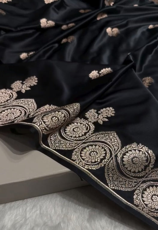 Midnight Black Banarasi Silk Saree with Silver Zari Butta & Ornate Woven Border