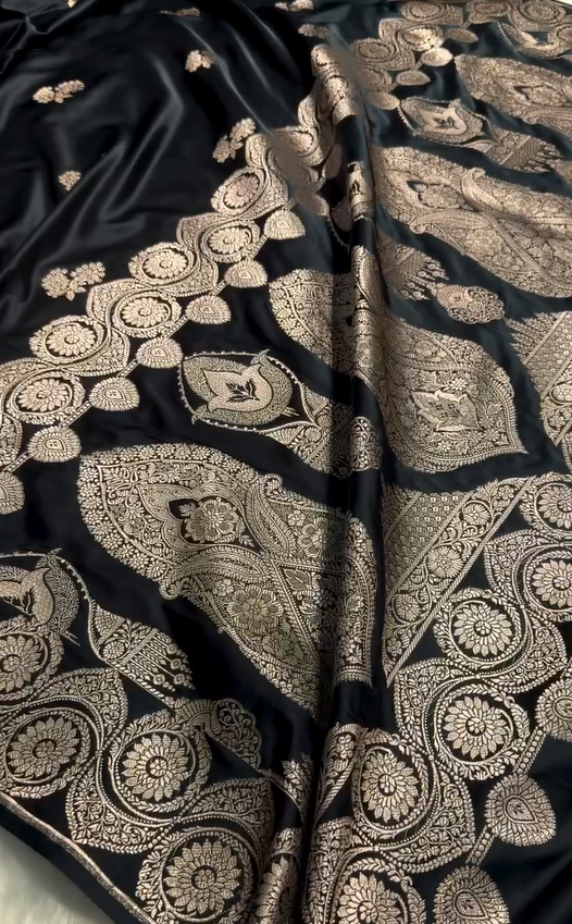 Midnight Black Banarasi Silk Saree with Silver Zari Butta & Ornate Woven Border