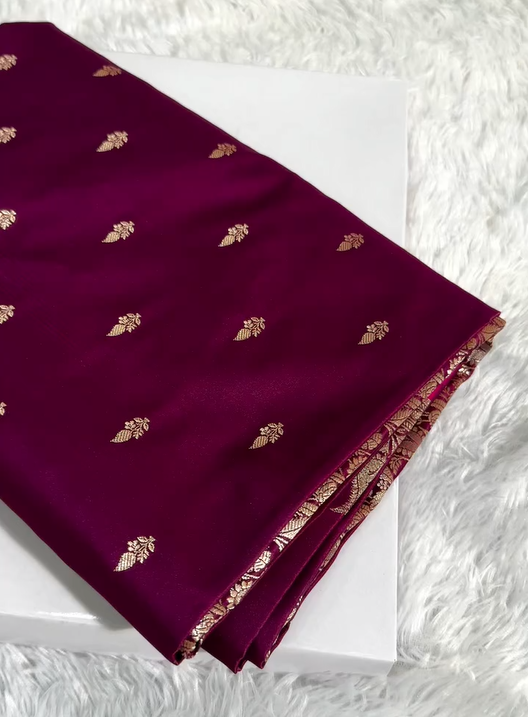 Magenta Banarasi Silk Saree with Gold Zari Butta & Floral Woven Border
