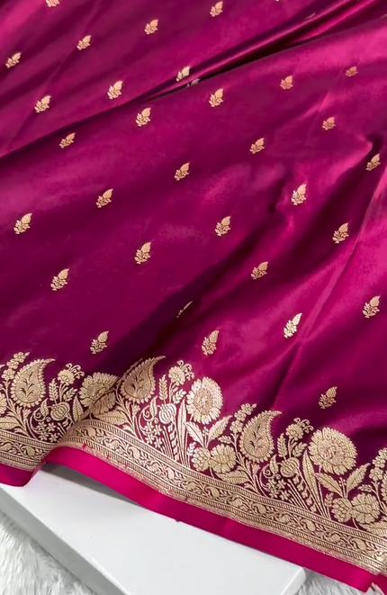 Magenta Banarasi Silk Saree with Gold Zari Butta & Floral Woven Border