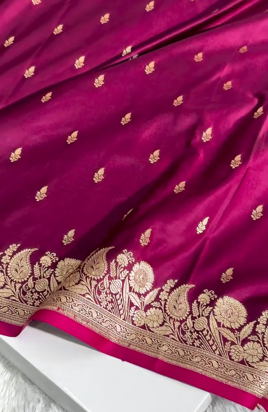 Magenta Banarasi Silk Saree with Gold Zari Butta & Floral Woven Border