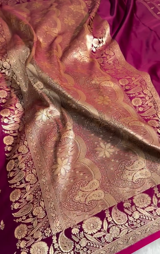 Magenta Banarasi Silk Saree with Gold Zari Butta & Floral Woven Border