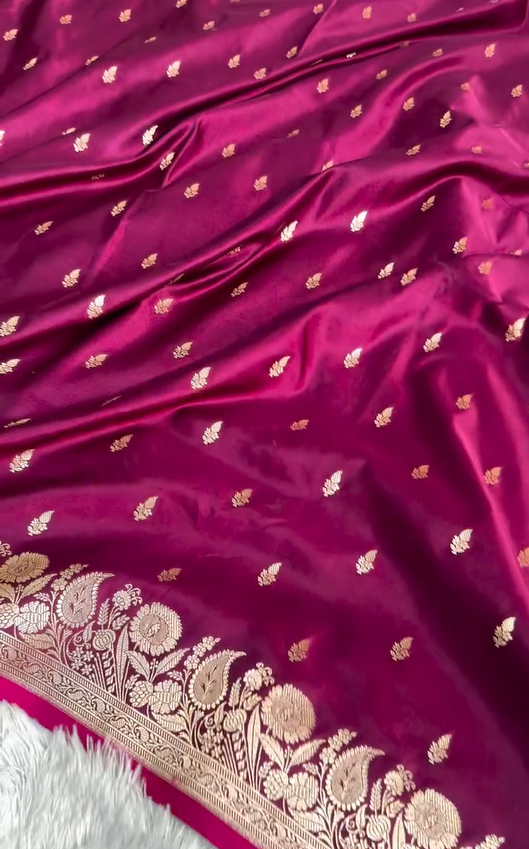 Magenta Banarasi Silk Saree with Gold Zari Butta & Floral Woven Border