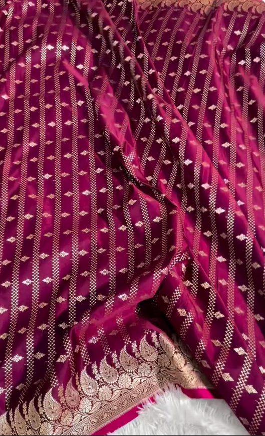 Magenta Banarasi Silk Saree with Gold Zari Butta & Floral Woven Border