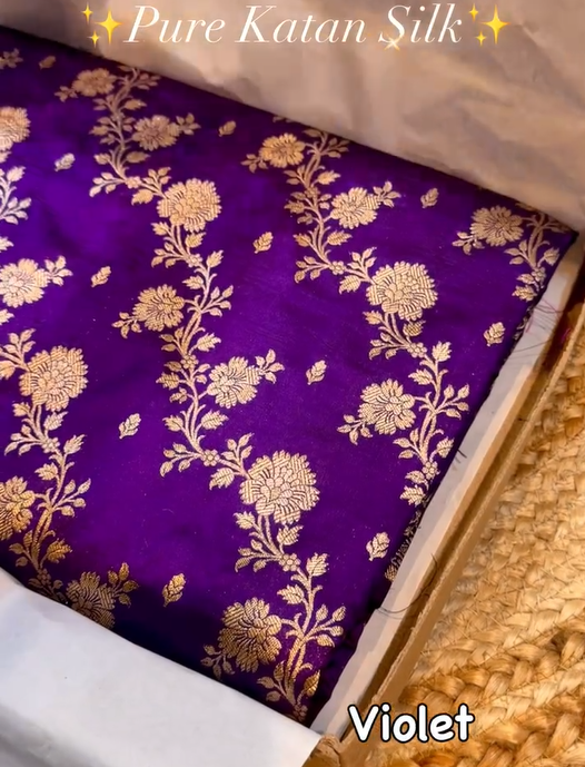 Violet Pure Katan Silk Banarasi Saree with Gold Zari Floral Jaal