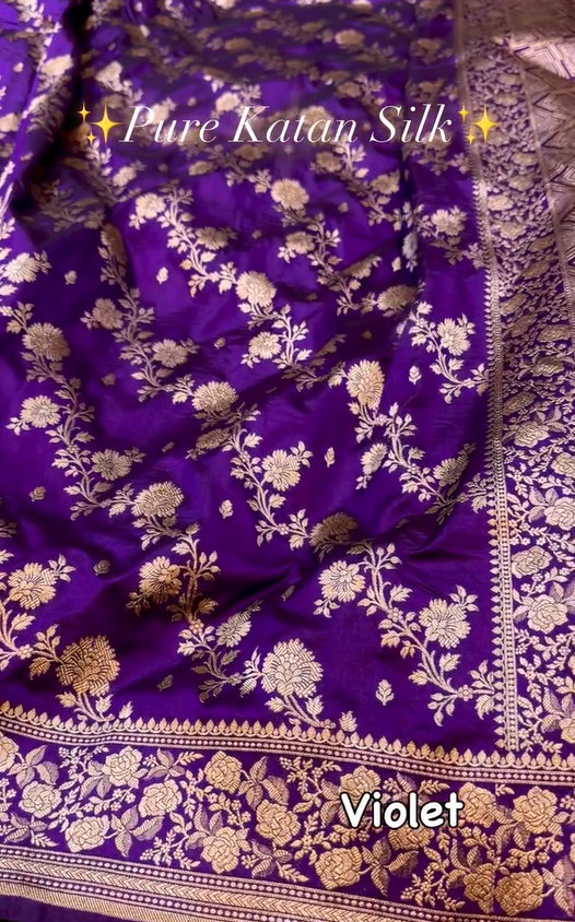 Violet Pure Katan Silk Banarasi Saree with Gold Zari Floral Jaal