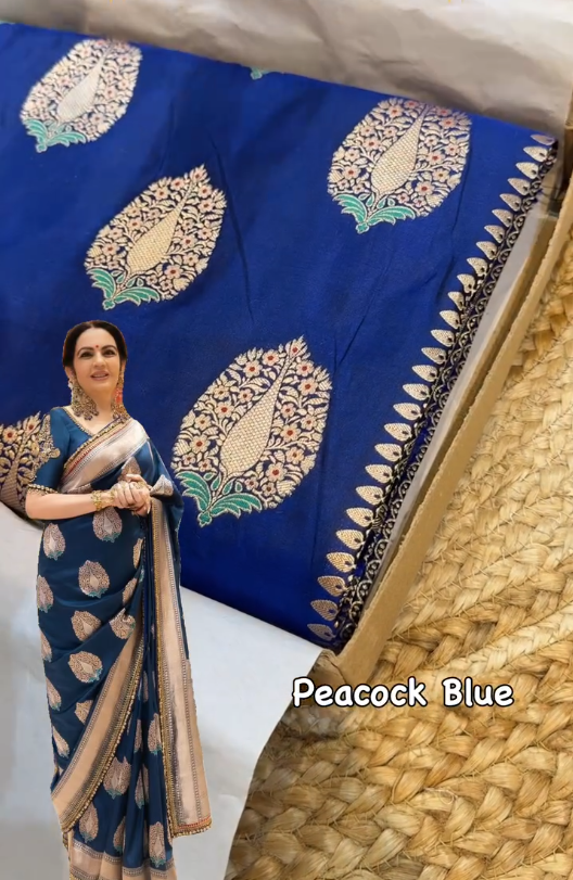 Peacock Blue Banarasi Silk Saree with Gold Zari Floral Butta