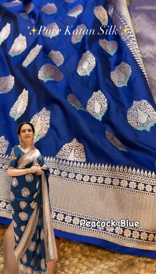 Peacock Blue Banarasi Silk Saree with Gold Zari Floral Butta