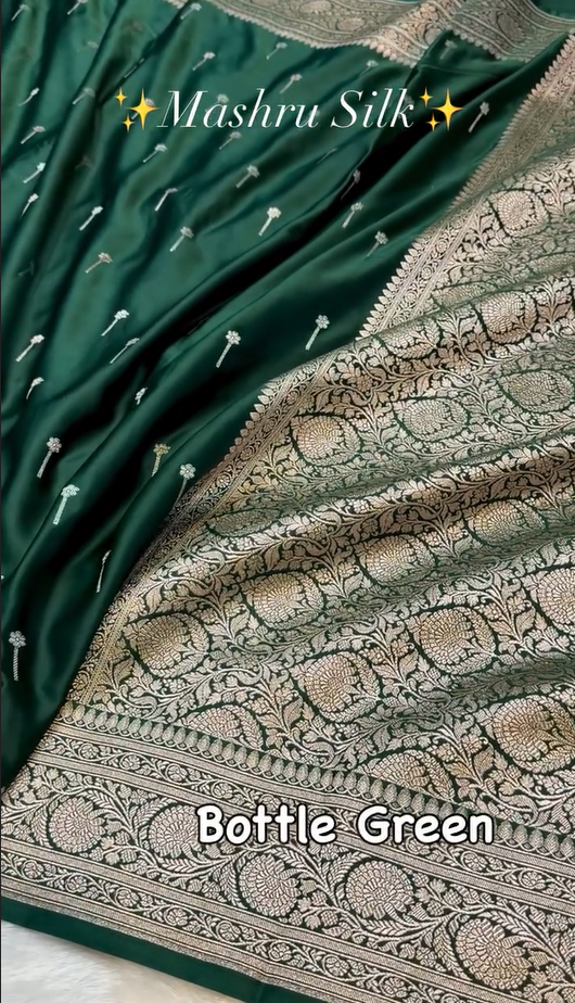Emerald Green Mashru Silk Saree with Silver Zari Butta & Woven Border