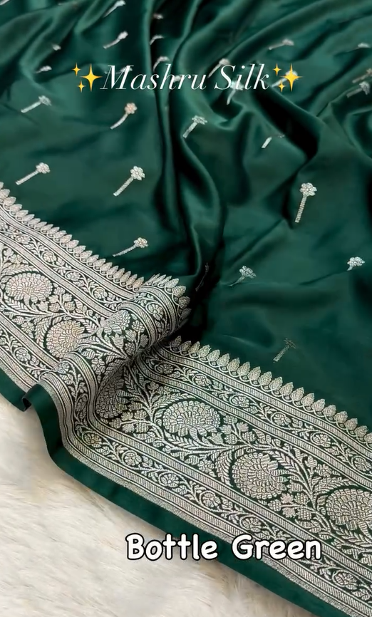 Emerald Green Mashru Silk Saree with Silver Zari Butta & Woven Border