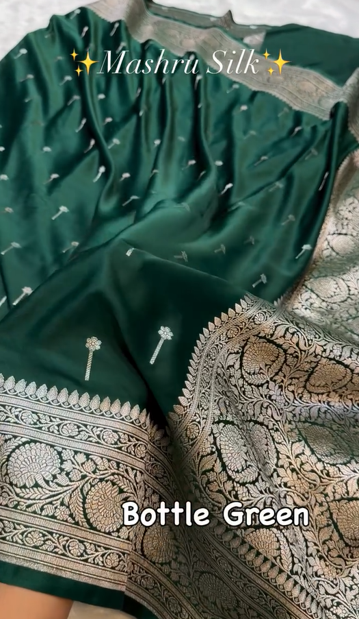 Emerald Green Mashru Silk Saree with Silver Zari Butta & Woven Border