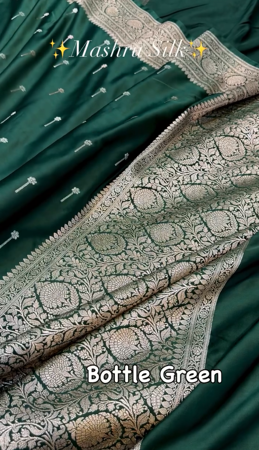 Emerald Green Mashru Silk Saree with Silver Zari Butta & Woven Border