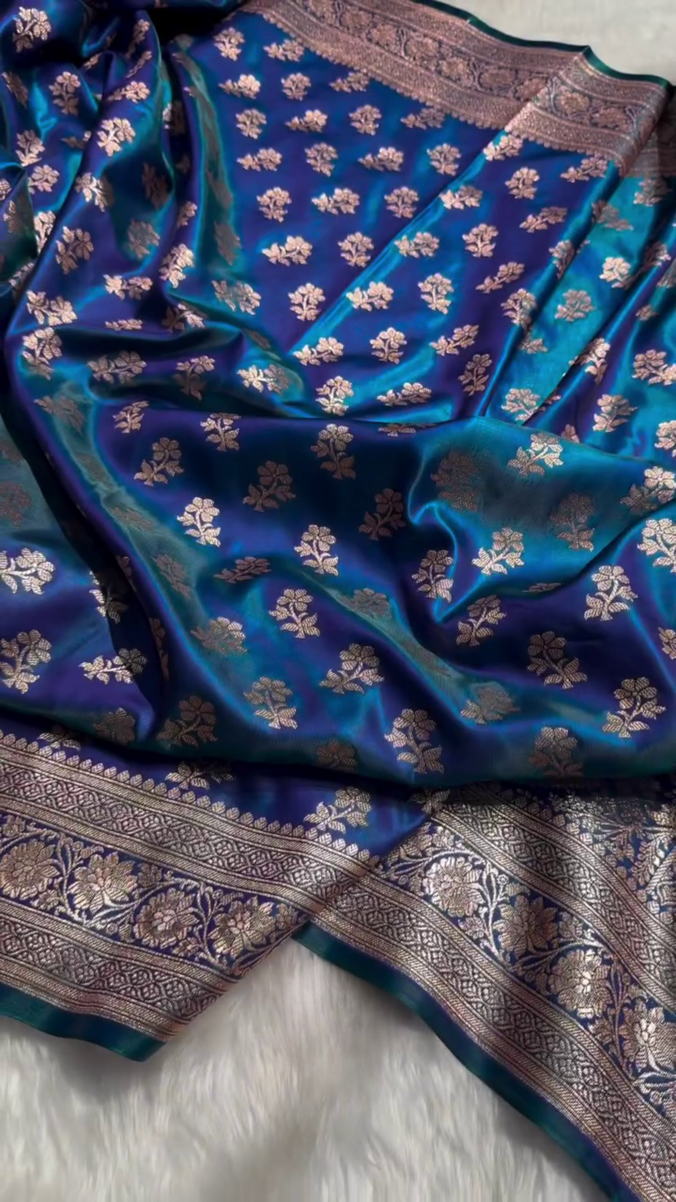 Royal Blue Banarasi Silk Saree with Gold Zari Floral Buti Motifs & Classic Woven Border