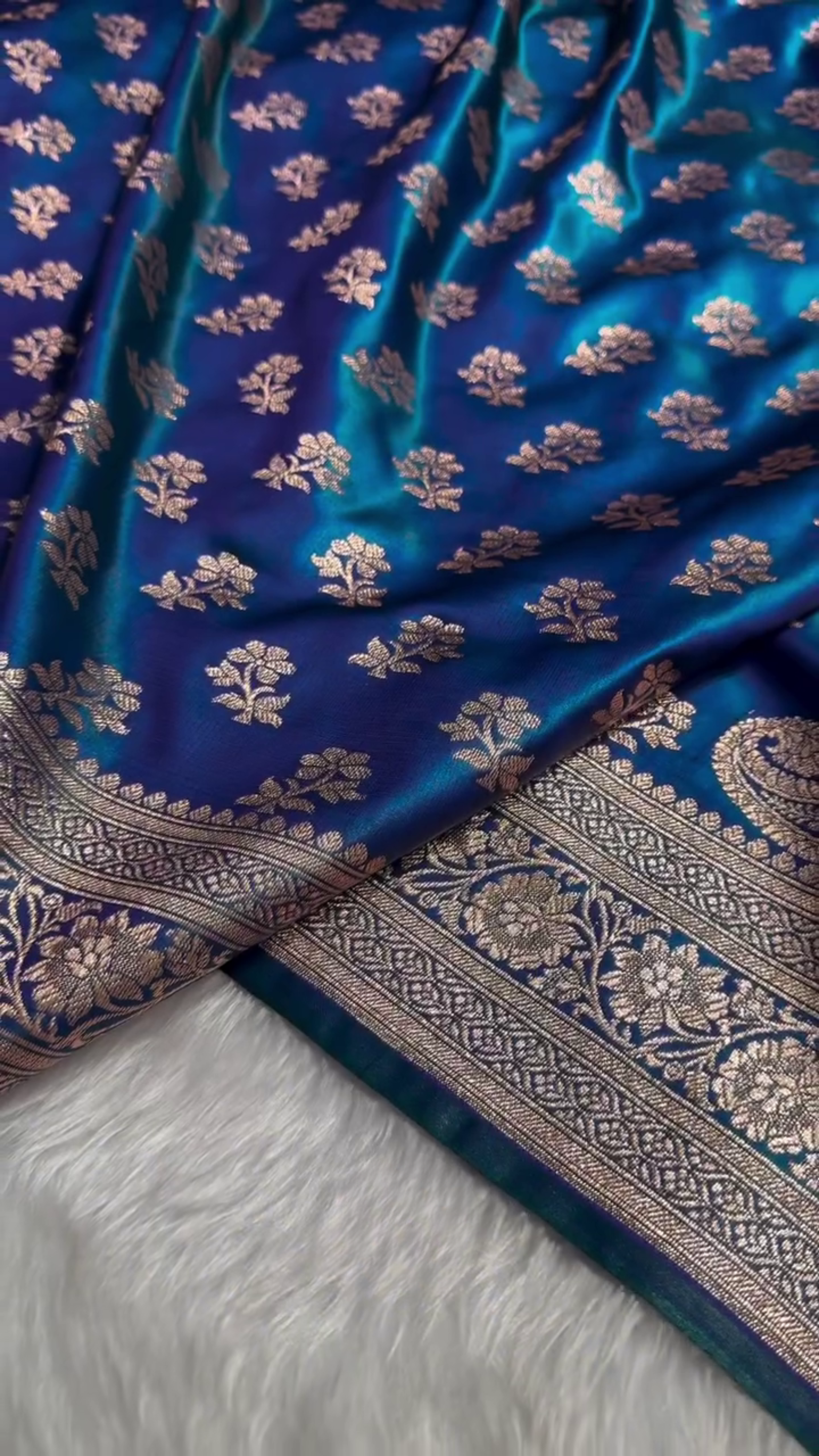 Royal Blue Banarasi Silk Saree with Gold Zari Floral Buti Motifs & Classic Woven Border