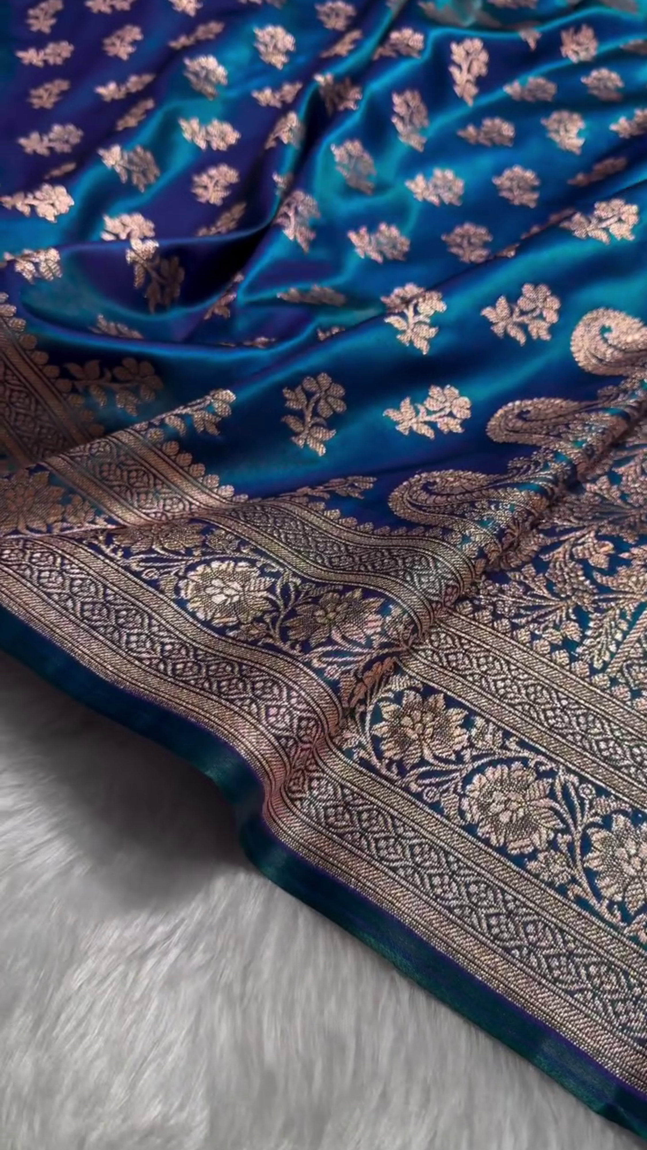 Royal Blue Banarasi Silk Saree with Gold Zari Floral Buti Motifs & Classic Woven Border