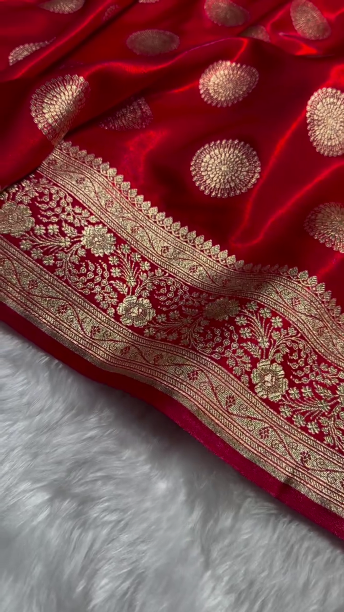 Bright Red Banarasi Silk Saree with Gold Zari Circular Medallion Motifs & Rich Woven Border