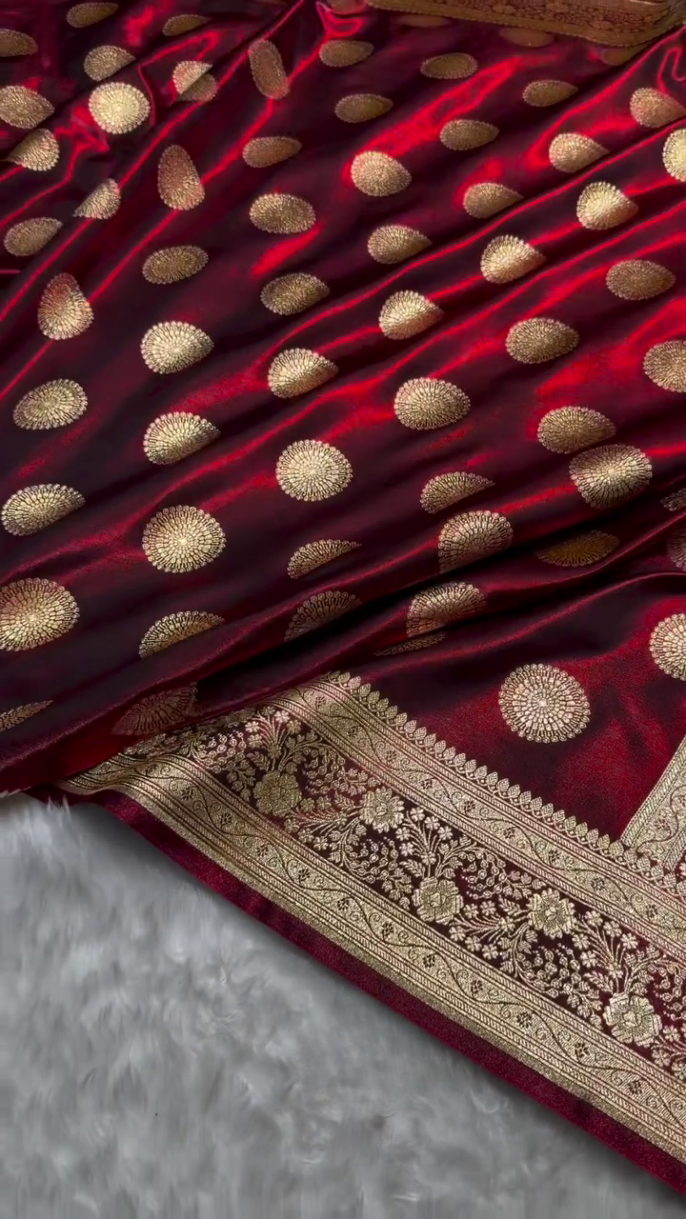 Maroon Banarasi Silk Saree with Gold Zari Circular Medallion Motifs & Rich Woven Border