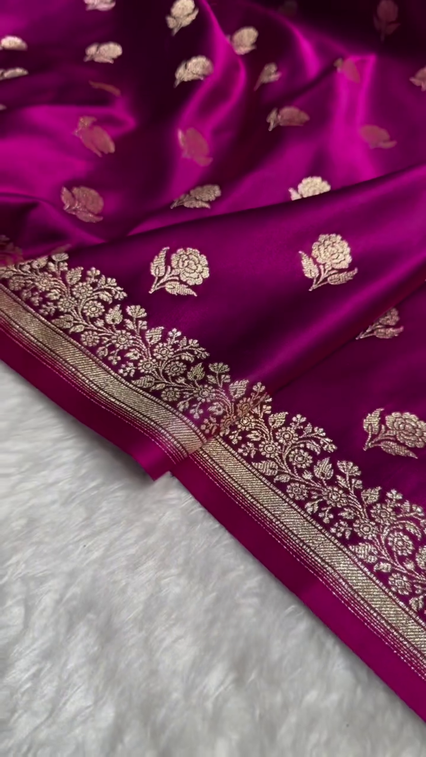 Royal Purple Banarasi Silk Saree with Gold Zari Floral Buti Motifs & Classic Woven Border