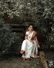 White & Red Palkhi Archaic Traditional Kanchi Soft Silk Sari With Attached Blouse