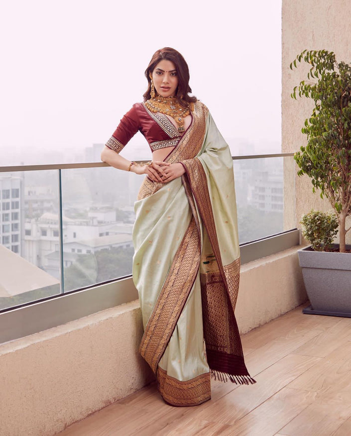 Pastel White Banarasi Silk Saree