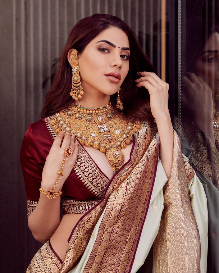 Pastel White Banarasi Silk Saree