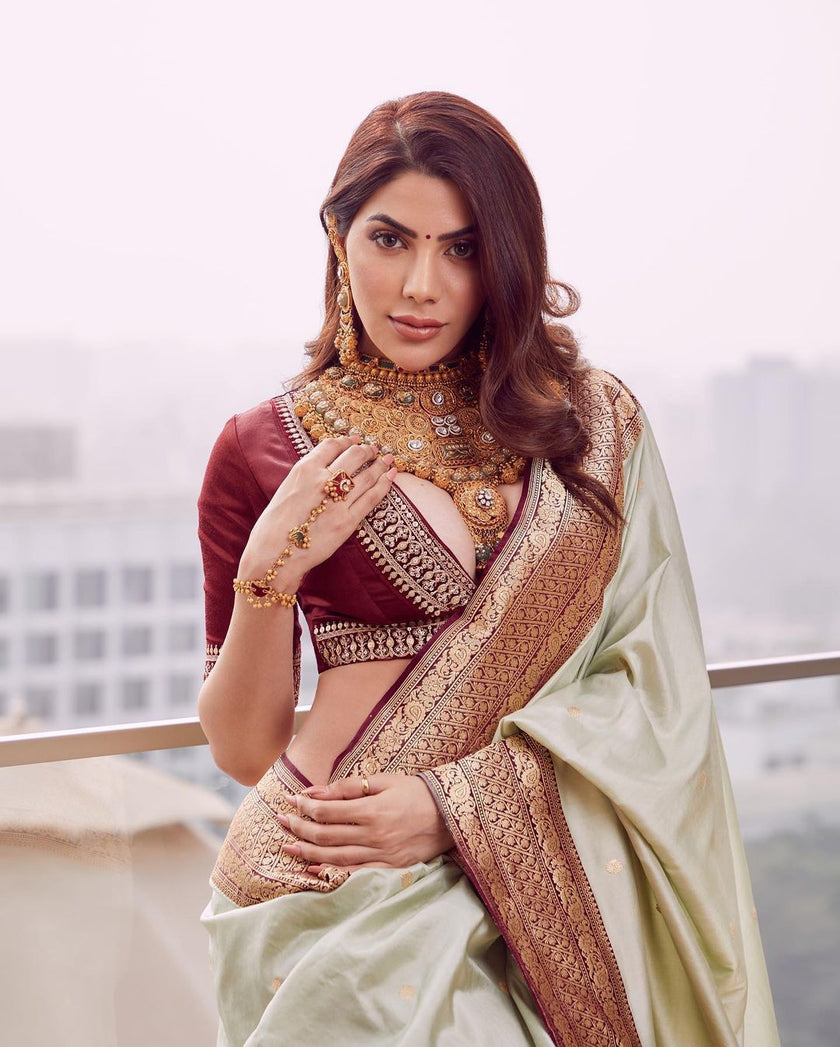 Pastel White Banarasi Silk Saree