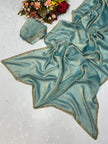 Blue Tissue Dupatta with Golden Lace Border