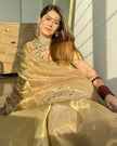 Golden Organza Saree with Hand Mirror Work Border