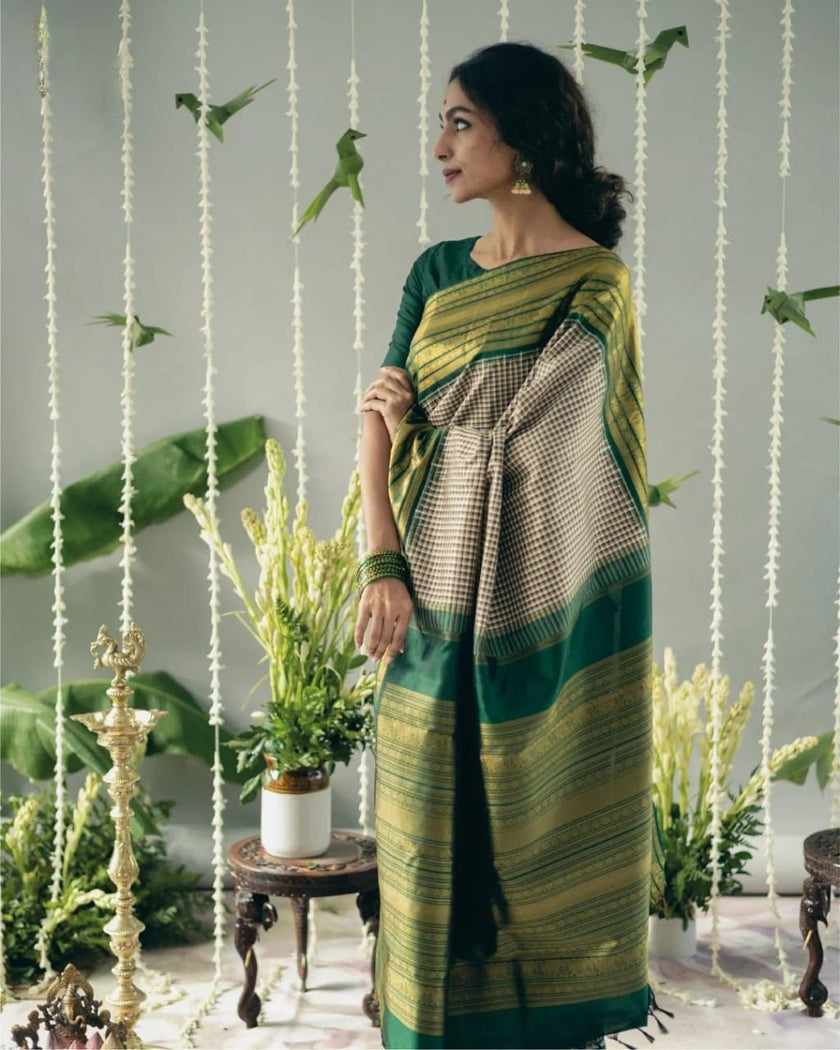 Traditional Green Checks Silk Saree with Temple Border
