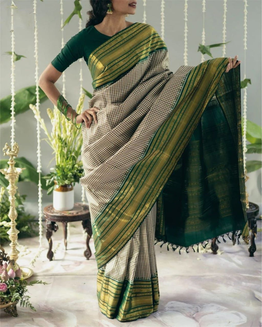 Traditional Green Checks Silk Saree with Temple Border