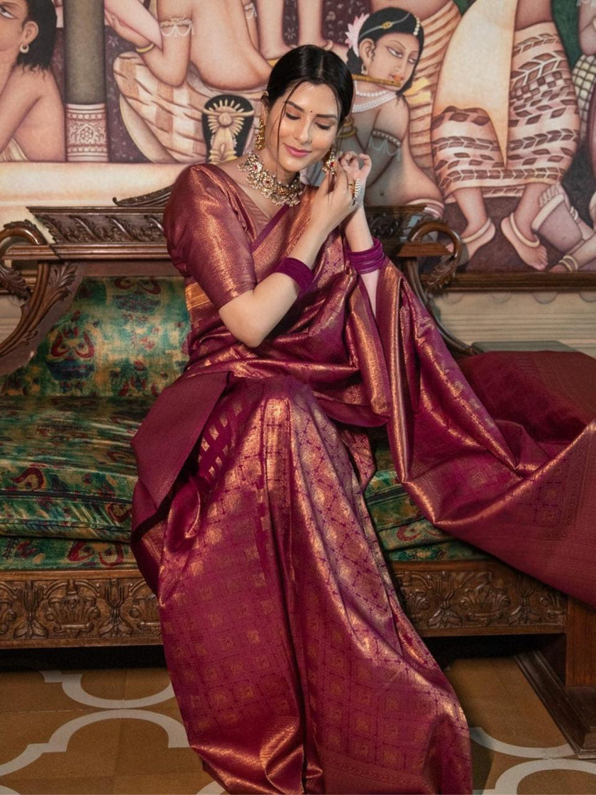 Banarasi Crimson Wine Silk Saree with Gold Zari Weave
