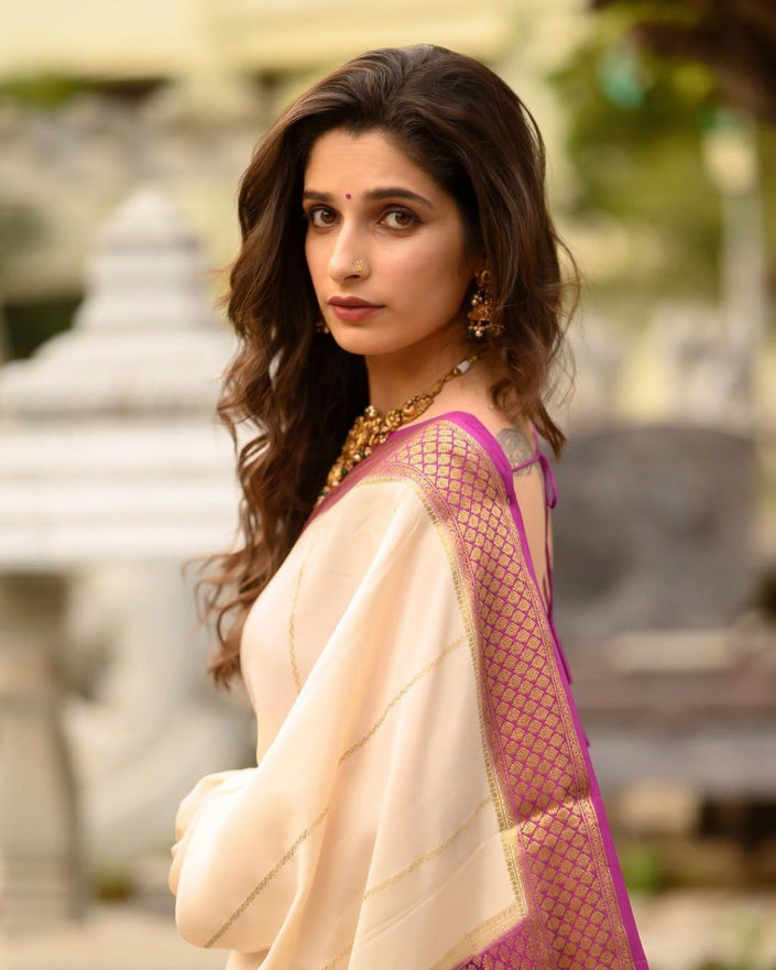 Ivory Cream Saree with Rich Purple Zari Border