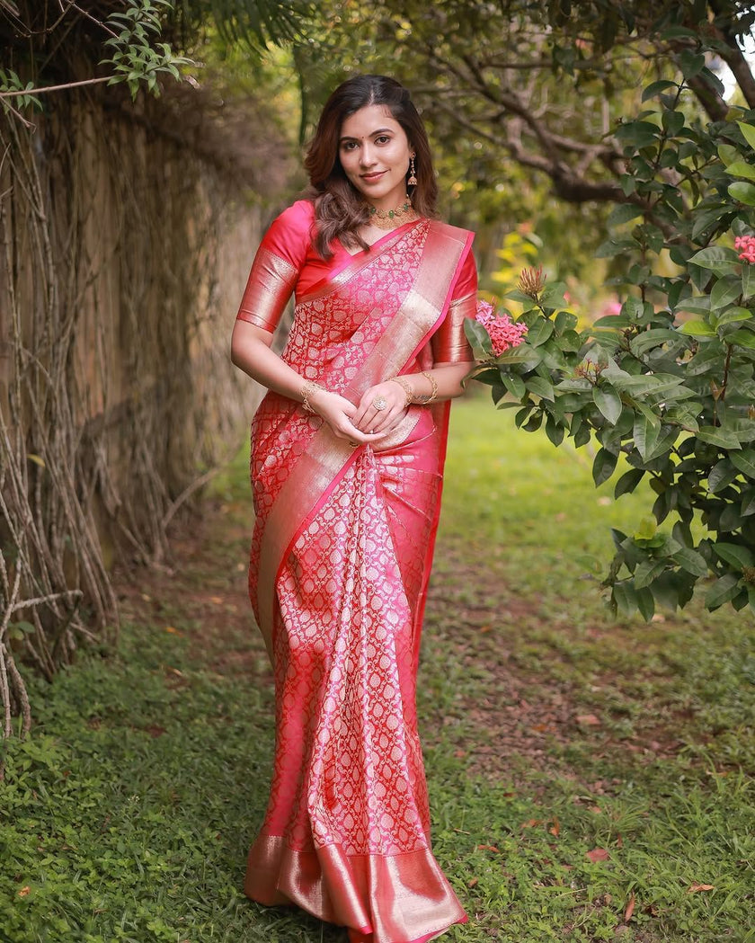 Rosé Pink Banarasi Silk Saree with Gold Zari Weave