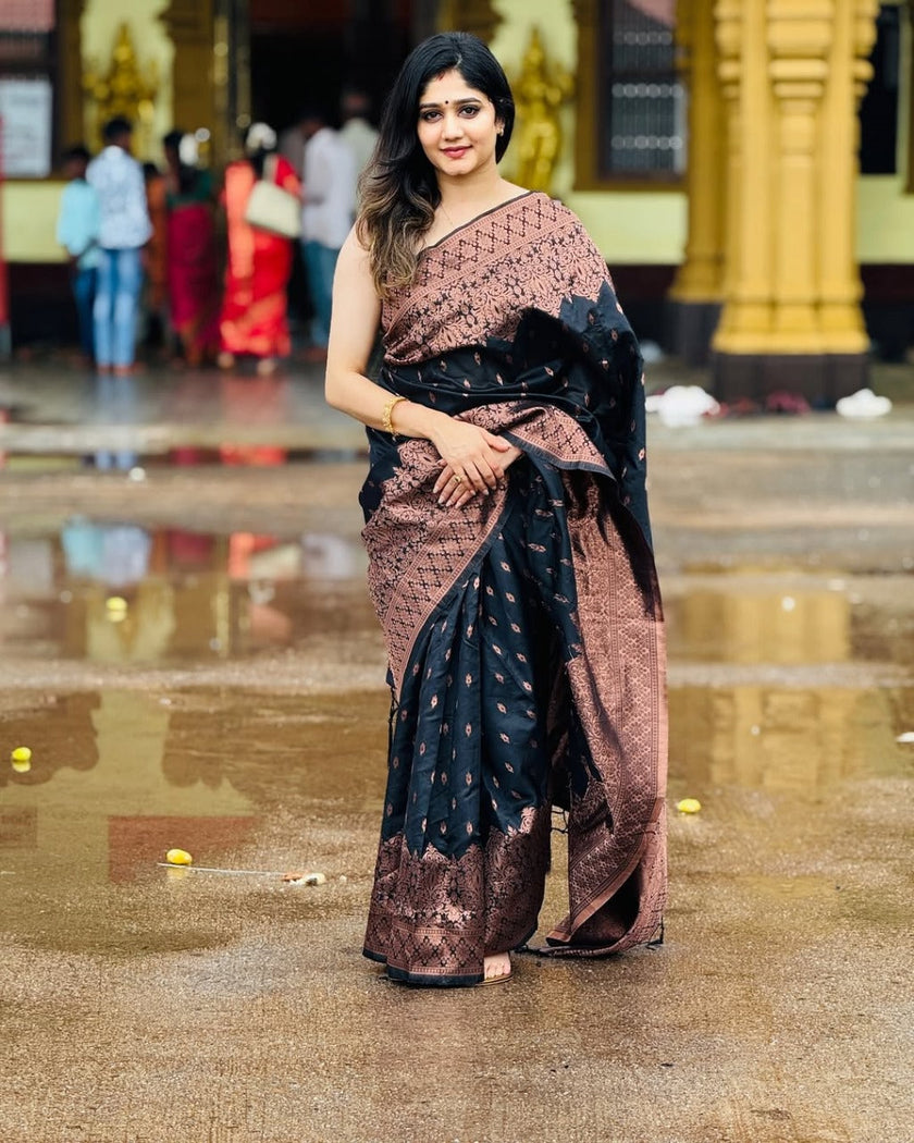 Black & Coffee Brown Banarasi Saree with Antique Zari Weave