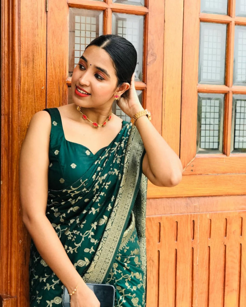 Deep Bottle Green Silk Saree with Zari Floral Vine & Tassel Pallu