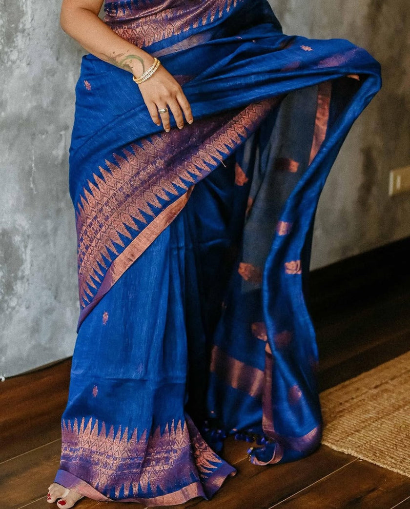 Royal Blue Raw Silk Saree with Copper Zari Border