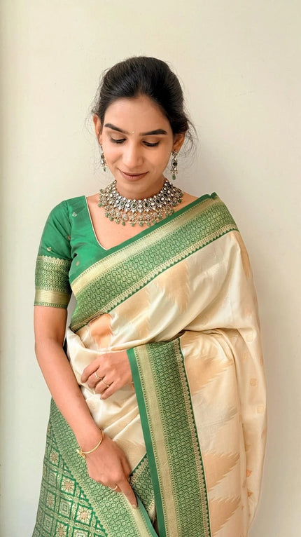 Ivory Banarasi Silk Saree with Emerald Green Border