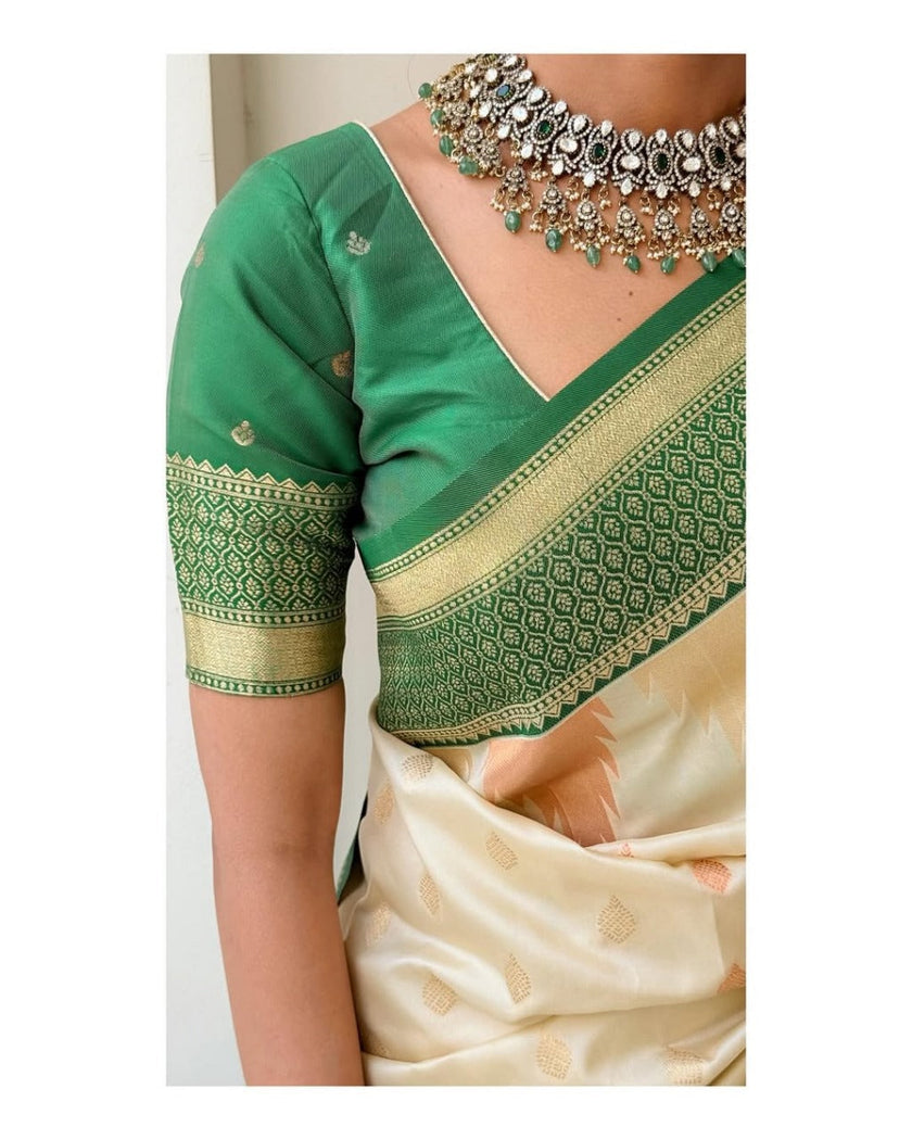 Ivory Banarasi Silk Saree with Emerald Green Border