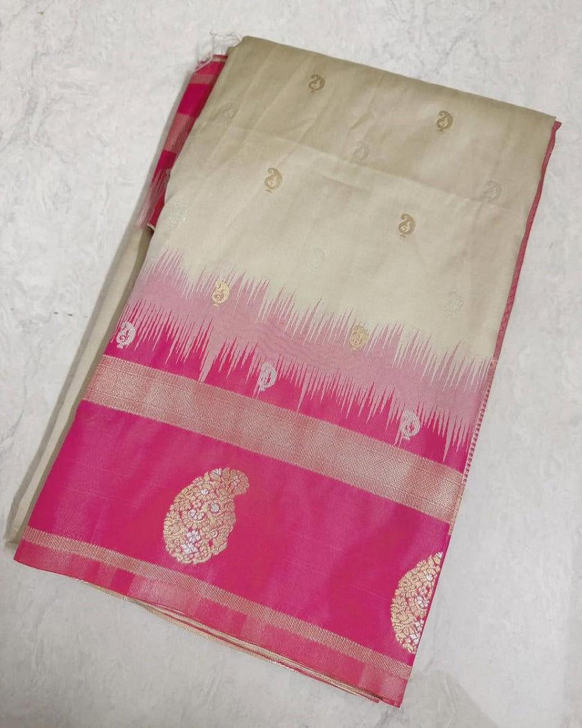 Ivory Silk Saree with Rani Pink Zari Border