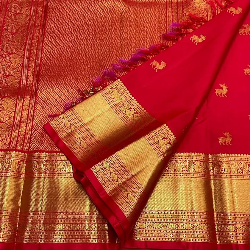 Pure Red Kanjivaram Saree with Golden Deer Motifs